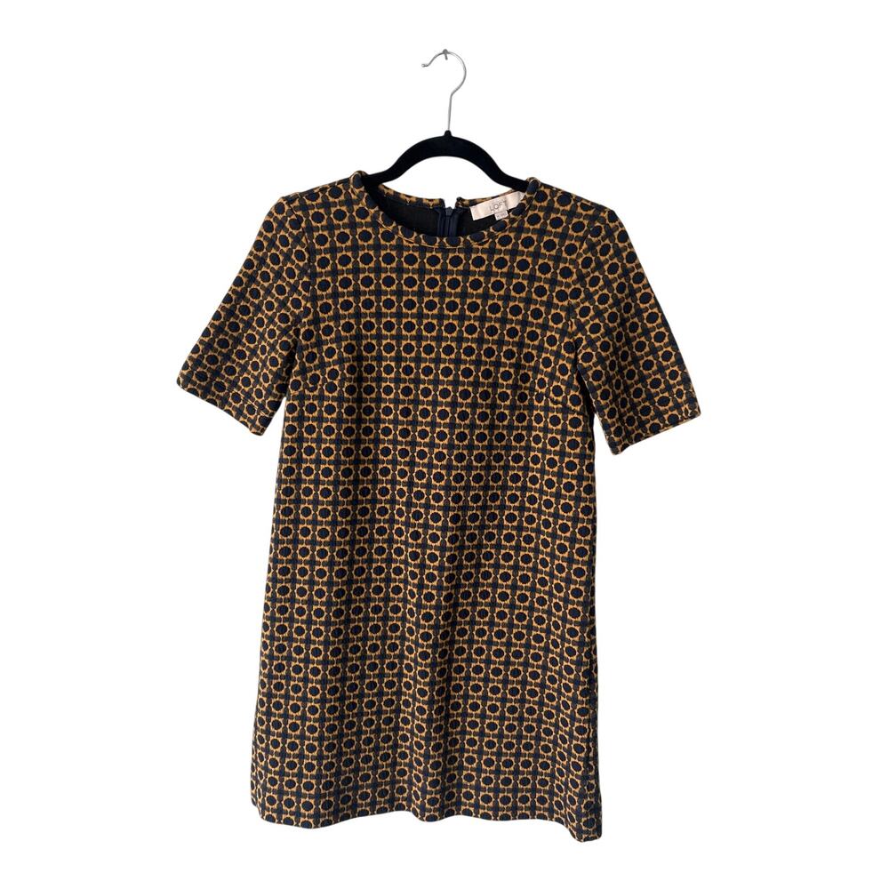 LOFT Navy and Gold Floral Mod Geometric 3/4 Sleeve Dress Extra Small